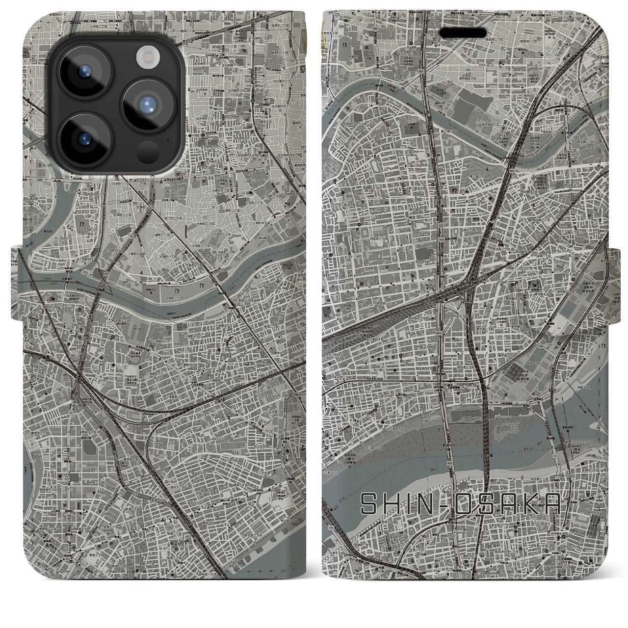 【新大阪(大阪府)】地図柄iPhoneケース(手帳タイプ)モノトーン・iPhone 15 Pro Max 用