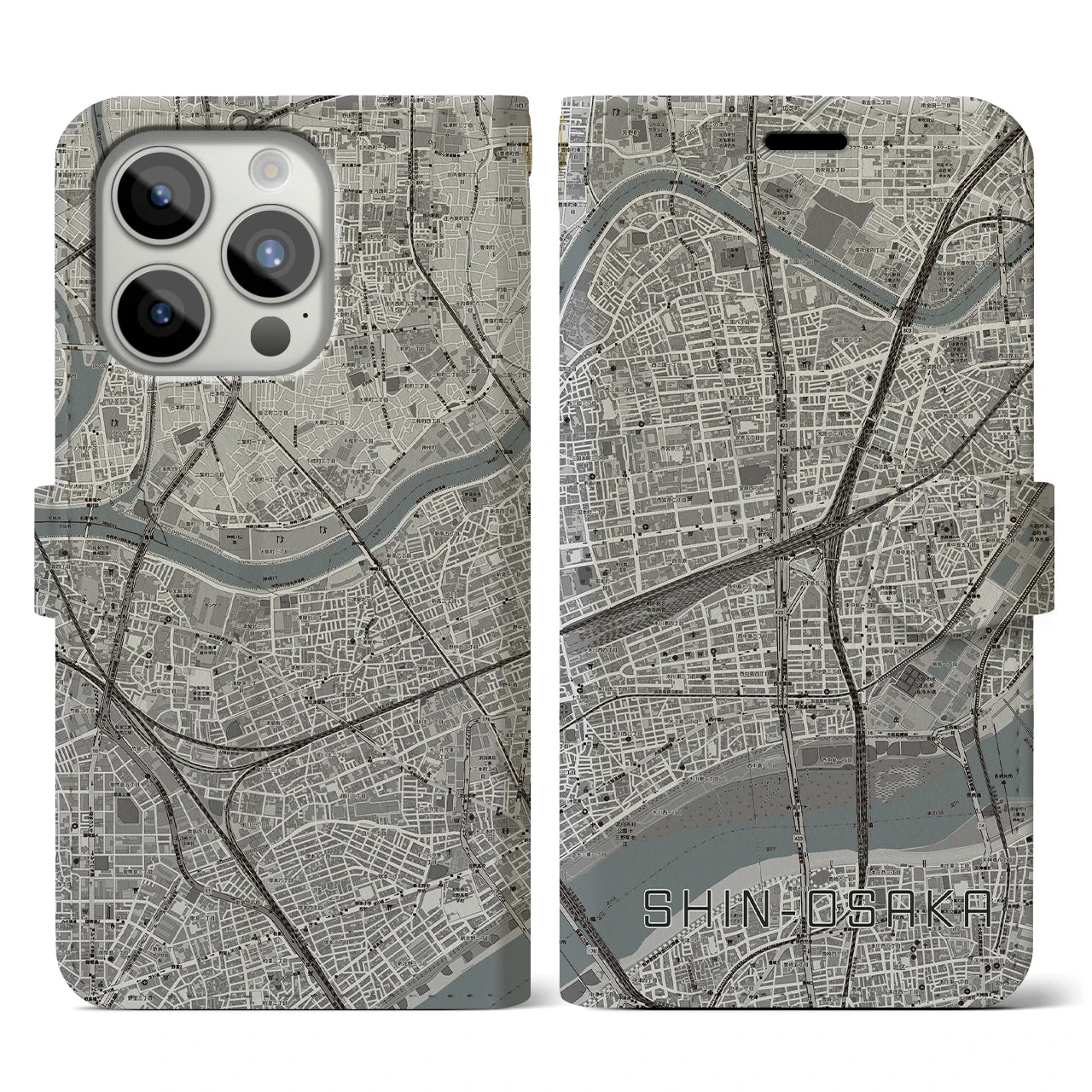 【新大阪(大阪府)】地図柄iPhoneケース(手帳タイプ)モノトーン・iPhone 15 Pro 用