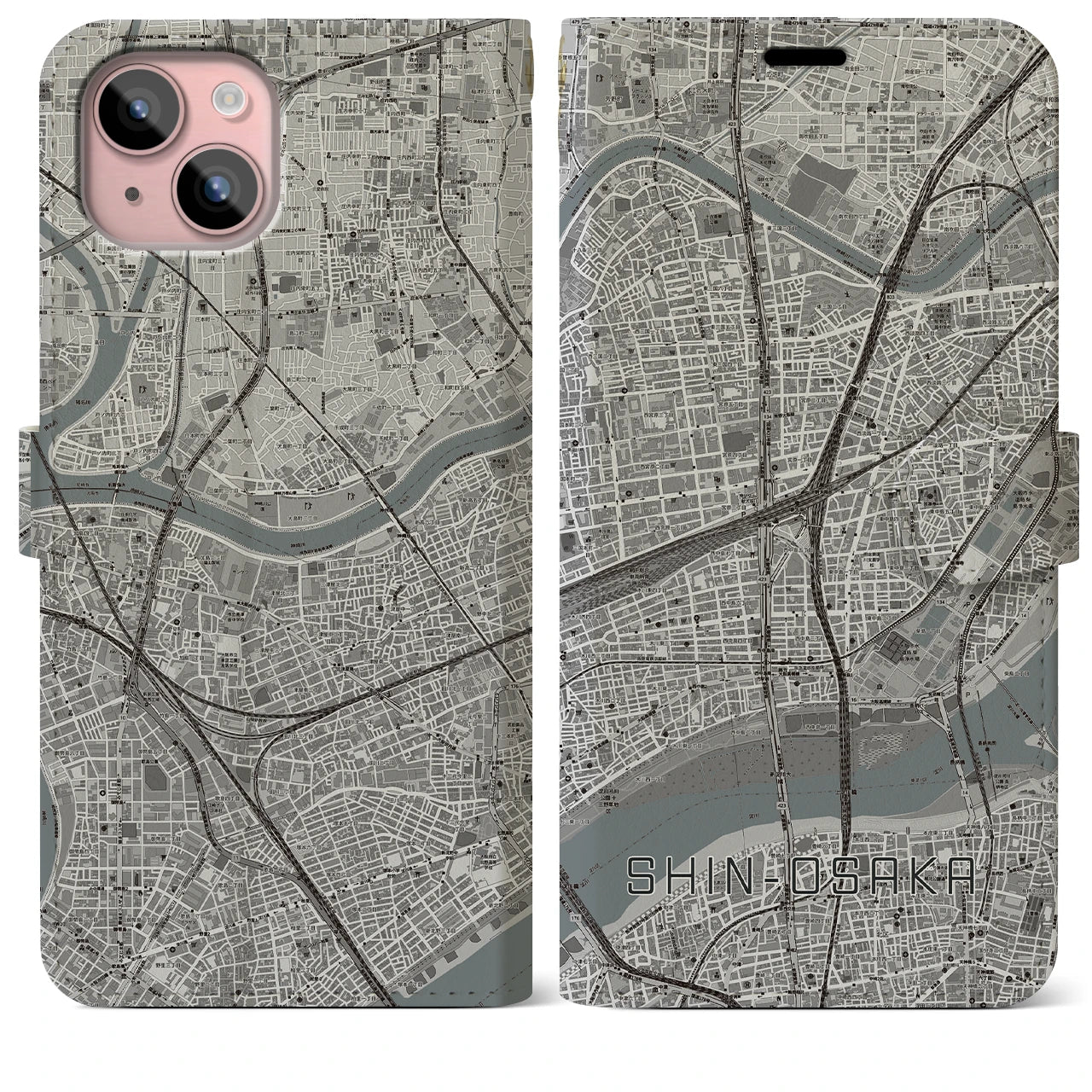 【新大阪(大阪府)】地図柄iPhoneケース(手帳タイプ)モノトーン・iPhone 15 Plus 用