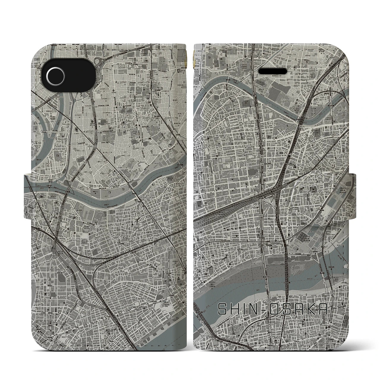 【新大阪(大阪府)】地図柄iPhoneケース(手帳タイプ)モノトーン・iPhone SE(第3 / 第2世代) / 8 / 7 / 6s / 6 用