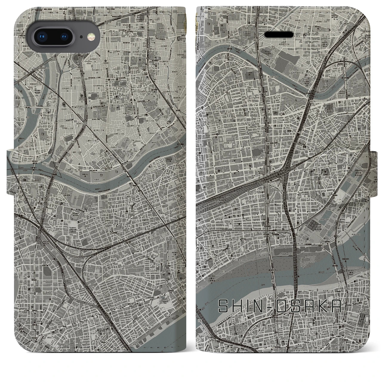 【新大阪(大阪府)】地図柄iPhoneケース(手帳タイプ)モノトーン・iPhone 8Plus /7Plus / 6sPlus / 6Plus 用