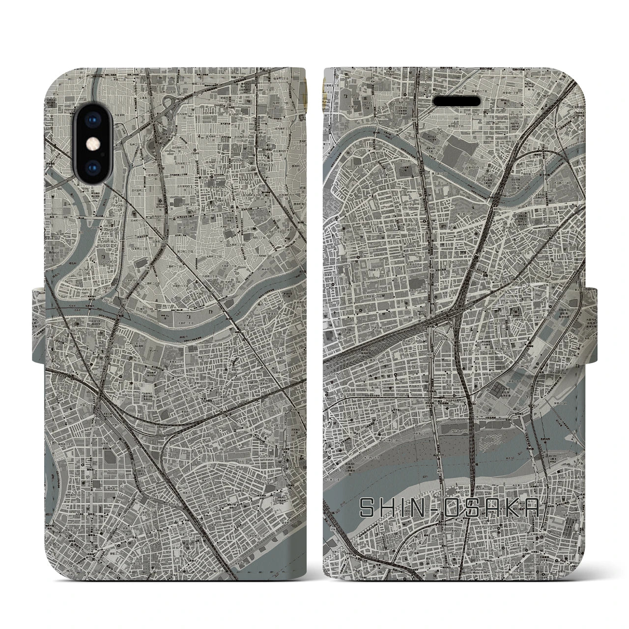 【新大阪(大阪府)】地図柄iPhoneケース(手帳タイプ)モノトーン・iPhone XS / X 用