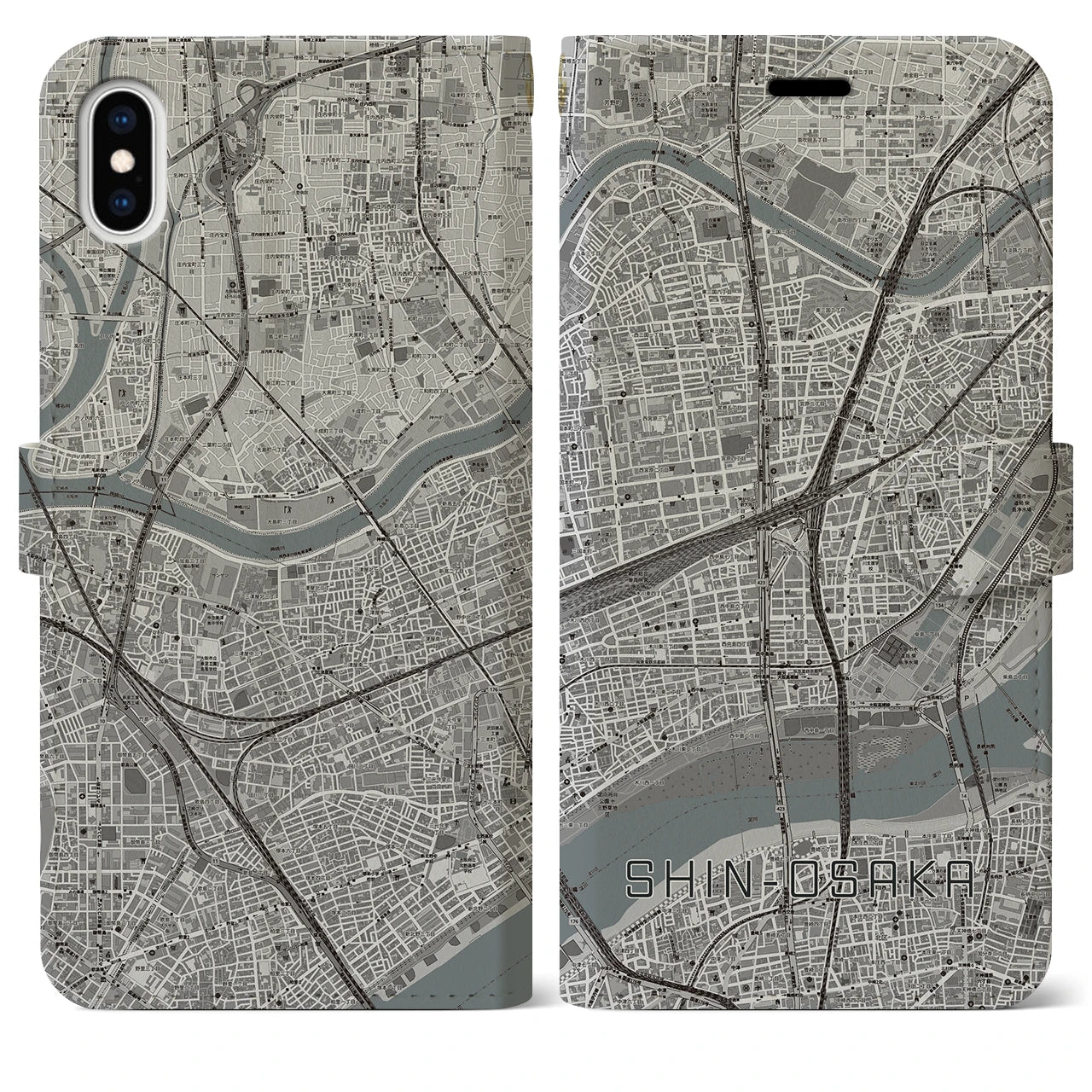 【新大阪(大阪府)】地図柄iPhoneケース(手帳タイプ)モノトーン・iPhone XS Max 用