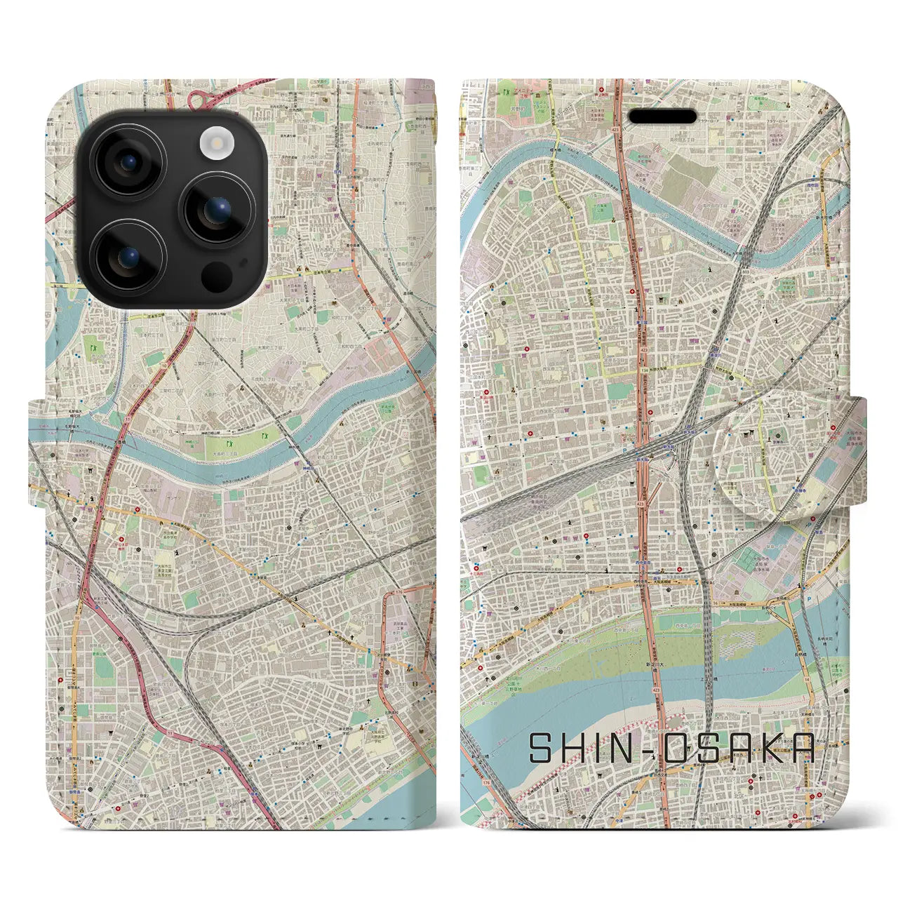 【新大阪(大阪府)】地図柄iPhoneケース(手帳タイプ)ナチュラル・iPhone 16 用