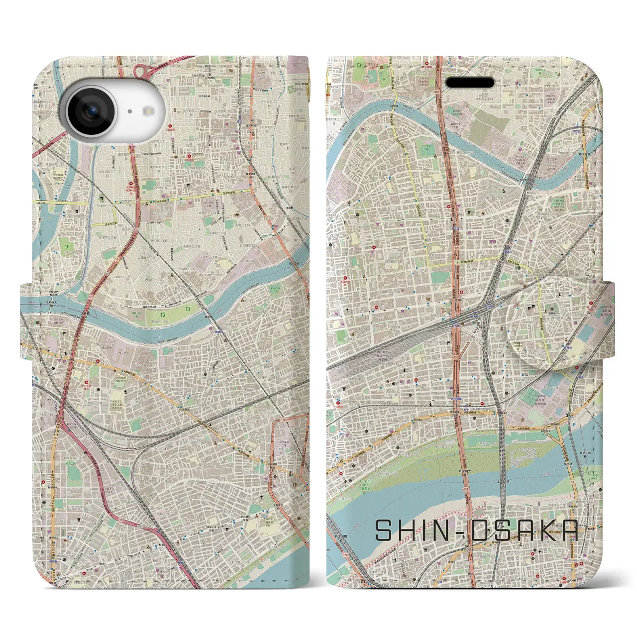 【新大阪(大阪府)】地図柄iPhoneケース(手帳タイプ)