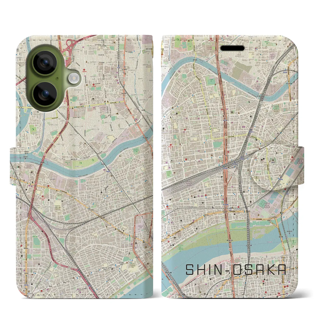 【新大阪(大阪府)】地図柄iPhoneケース(手帳タイプ)ナチュラル・iPhone 17 Pro Max 用