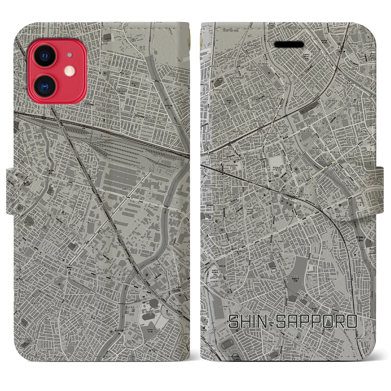 【新札幌(北海道)】地図柄iPhoneケース(手帳タイプ)モノトーン・iPhone 11 用