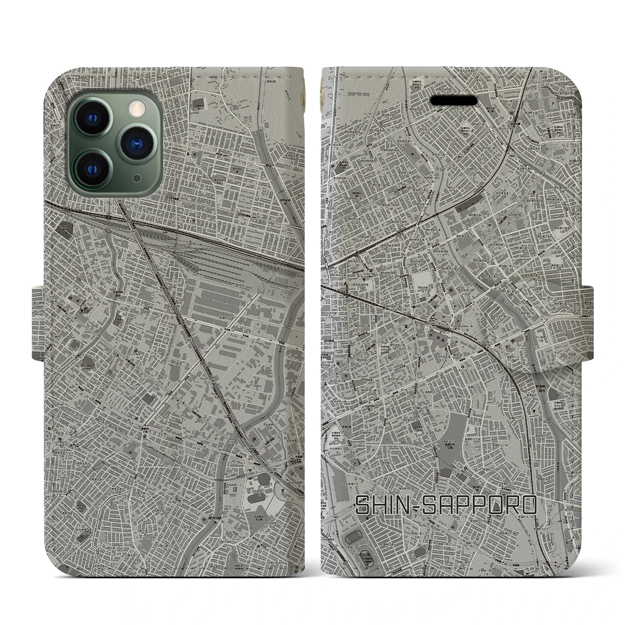 【新札幌(北海道)】地図柄iPhoneケース(手帳タイプ)モノトーン・iPhone 11 Pro 用