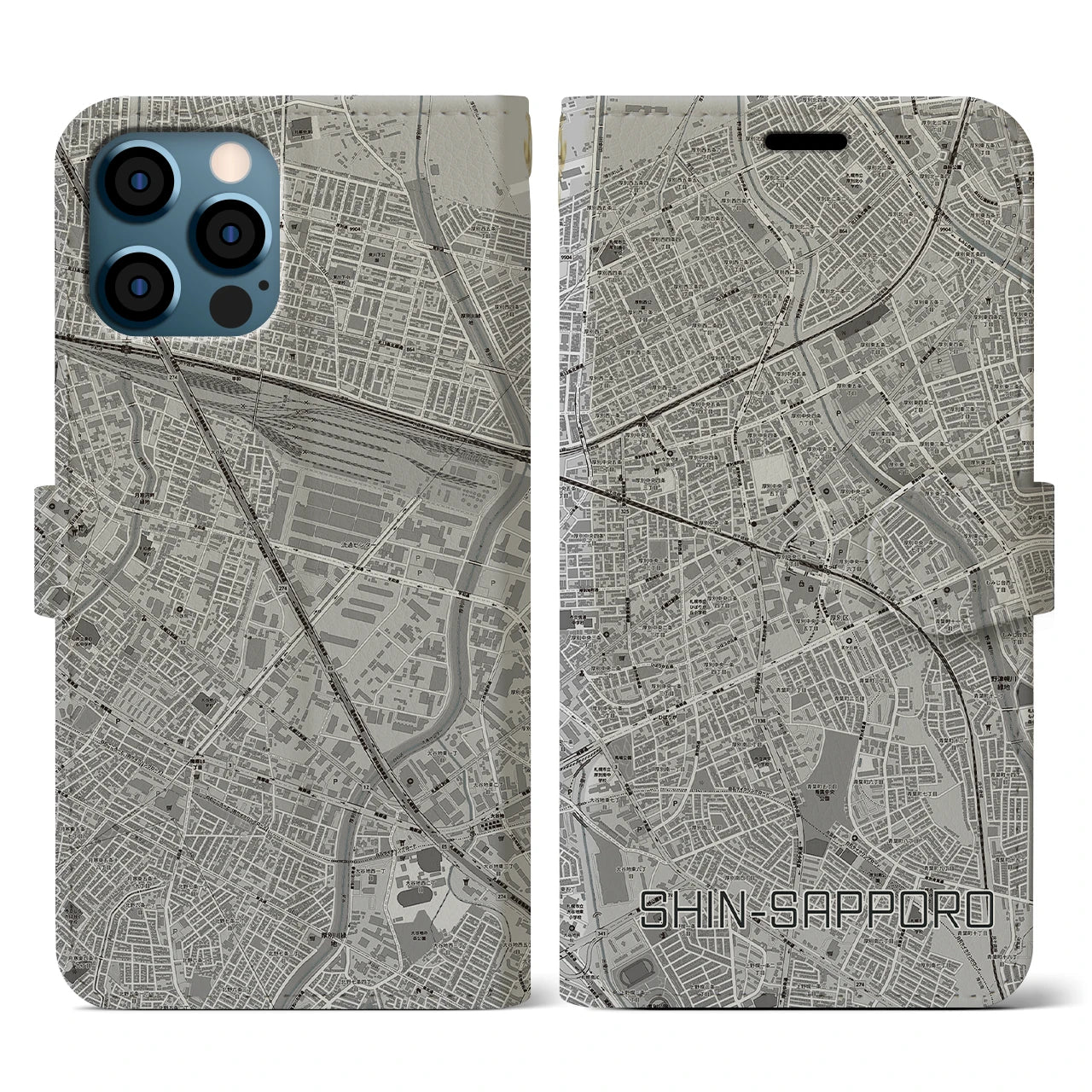 【新札幌(北海道)】地図柄iPhoneケース(手帳タイプ)モノトーン・iPhone 12 / 12 Pro 用