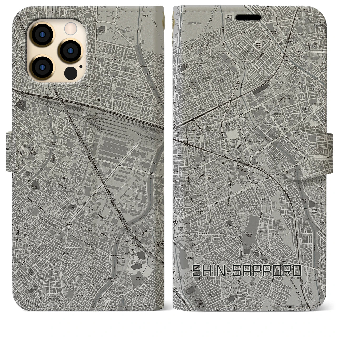 【新札幌(北海道)】地図柄iPhoneケース(手帳タイプ)モノトーン・iPhone 12 Pro Max 用