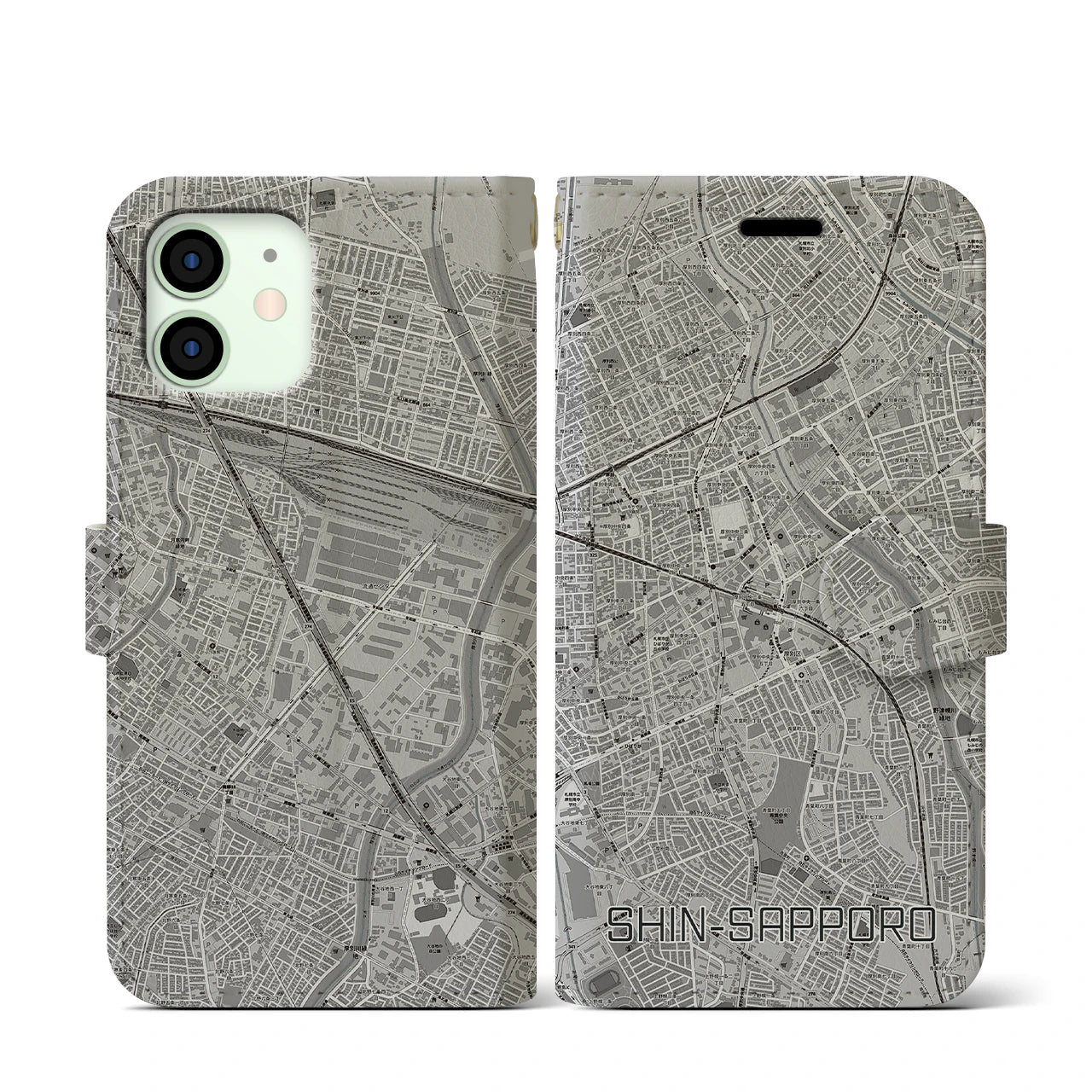 【新札幌(北海道)】地図柄iPhoneケース(手帳タイプ)モノトーン・iPhone 12 mini 用