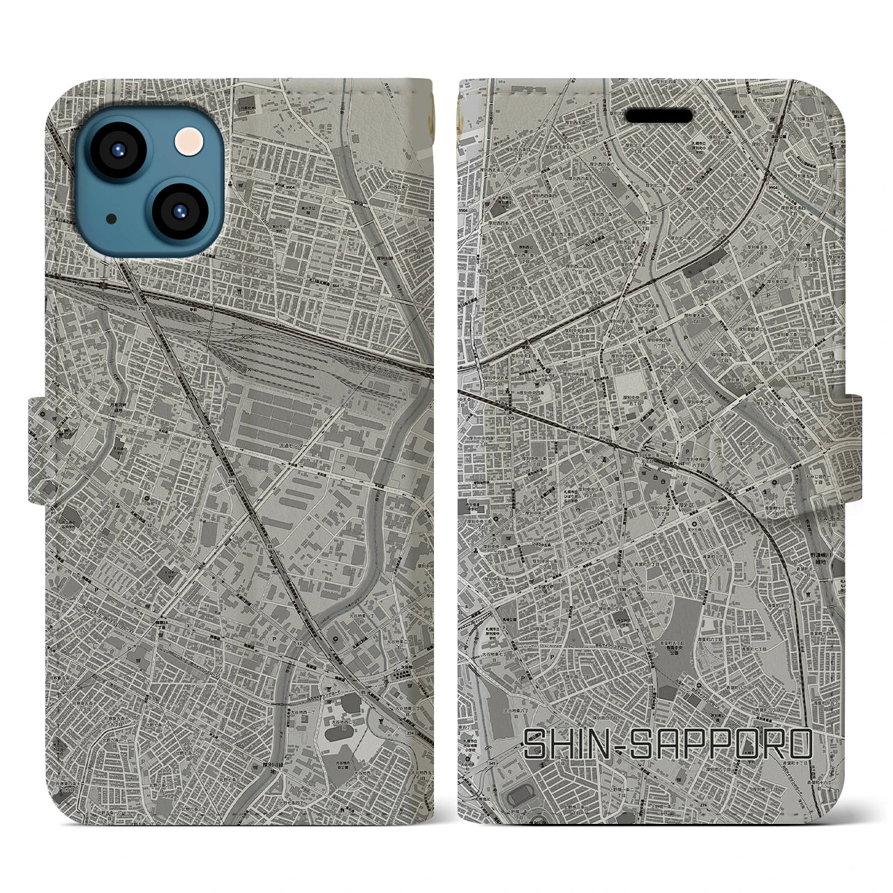 【新札幌(北海道)】地図柄iPhoneケース(手帳タイプ)モノトーン・iPhone 13 用