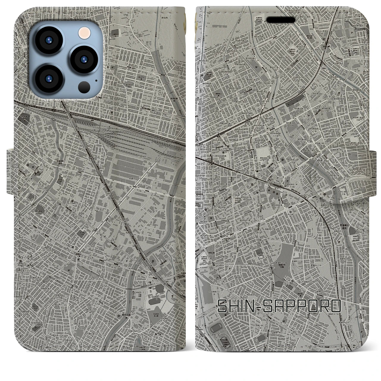 【新札幌(北海道)】地図柄iPhoneケース(手帳タイプ)モノトーン・iPhone 13 Pro Max 用