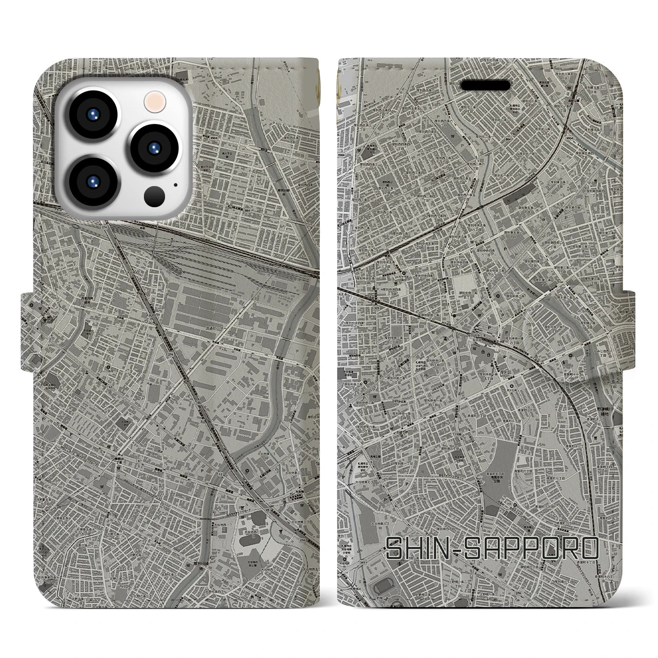 【新札幌(北海道)】地図柄iPhoneケース(手帳タイプ)モノトーン・iPhone 13 Pro 用