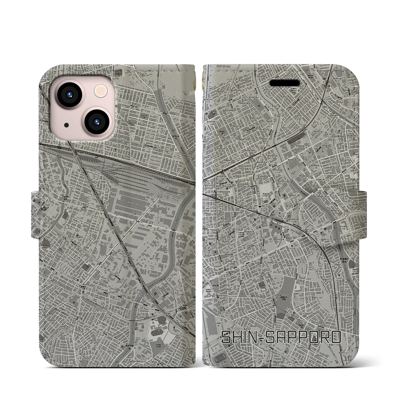 【新札幌(北海道)】地図柄iPhoneケース(手帳タイプ)モノトーン・iPhone 13 mini 用