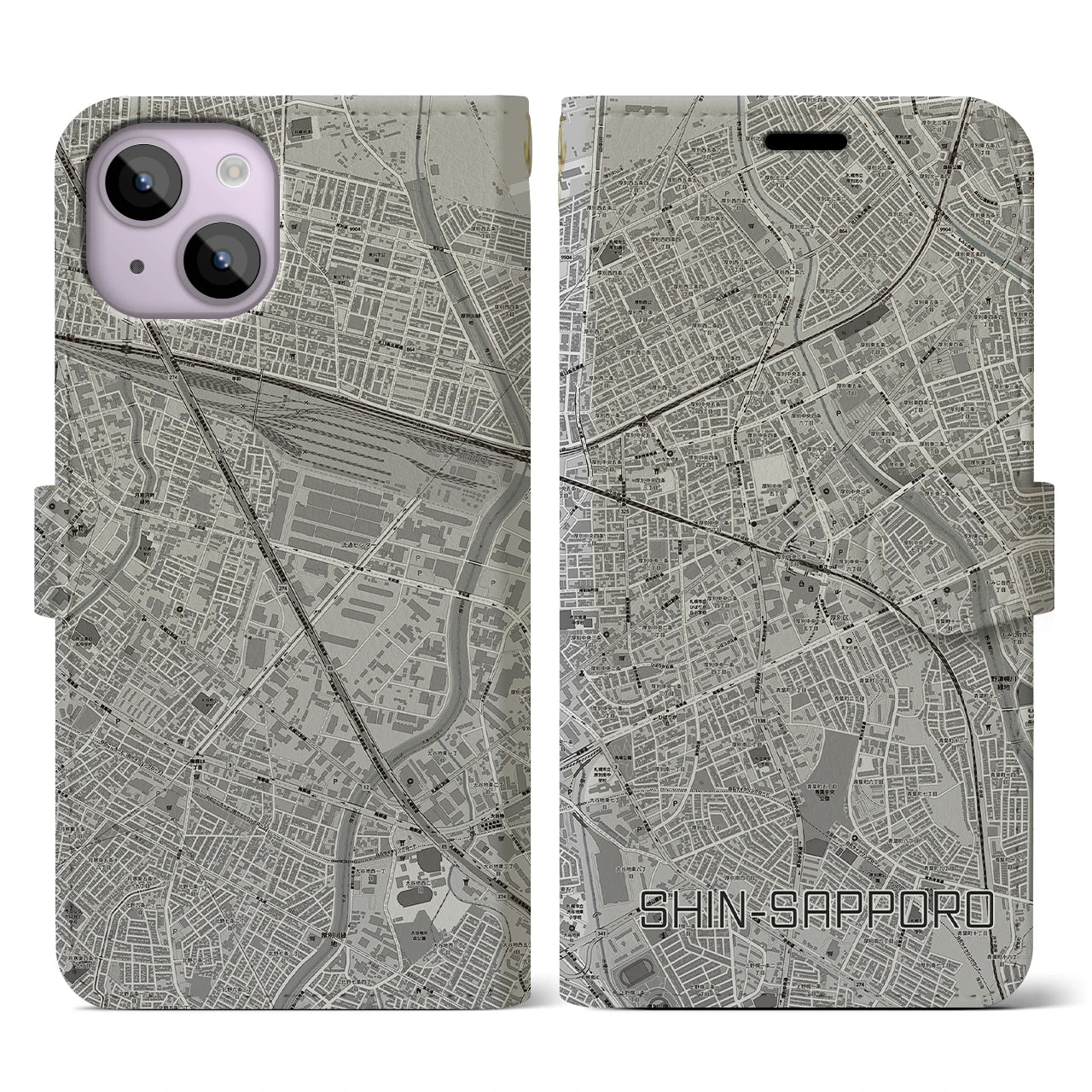 【新札幌(北海道)】地図柄iPhoneケース(手帳タイプ)モノトーン・iPhone 14 用