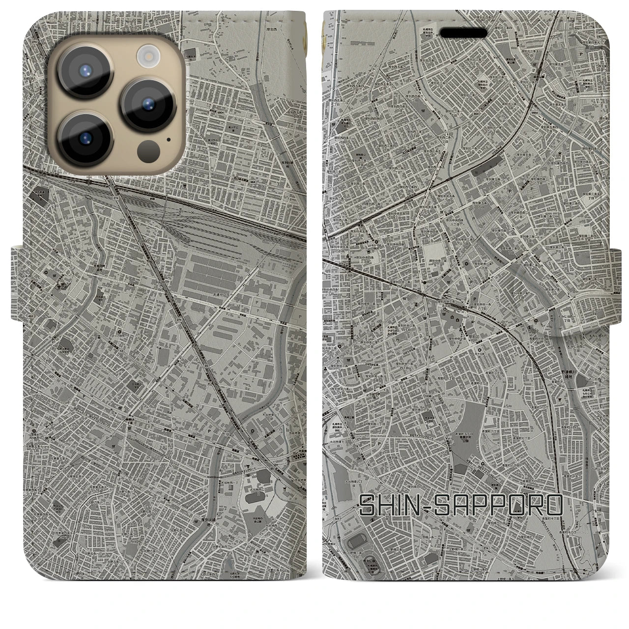 【新札幌(北海道)】地図柄iPhoneケース(手帳タイプ)モノトーン・iPhone 14 Pro Max 用