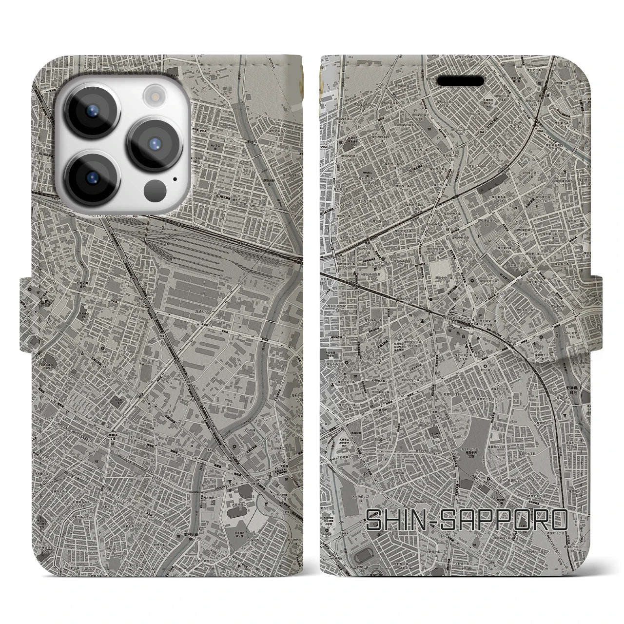 【新札幌(北海道)】地図柄iPhoneケース(手帳タイプ)モノトーン・iPhone 14 Pro 用