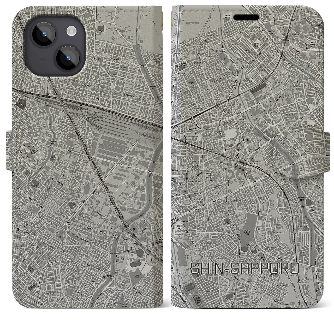 【新札幌(北海道)】地図柄iPhoneケース(手帳タイプ)モノトーン・iPhone 14 Plus 用