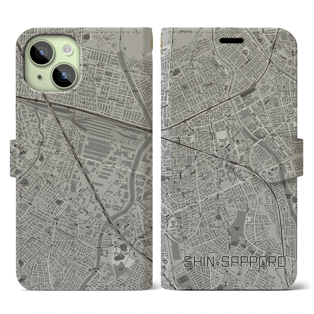 【新札幌(北海道)】地図柄iPhoneケース(手帳タイプ)モノトーン・iPhone 15 用