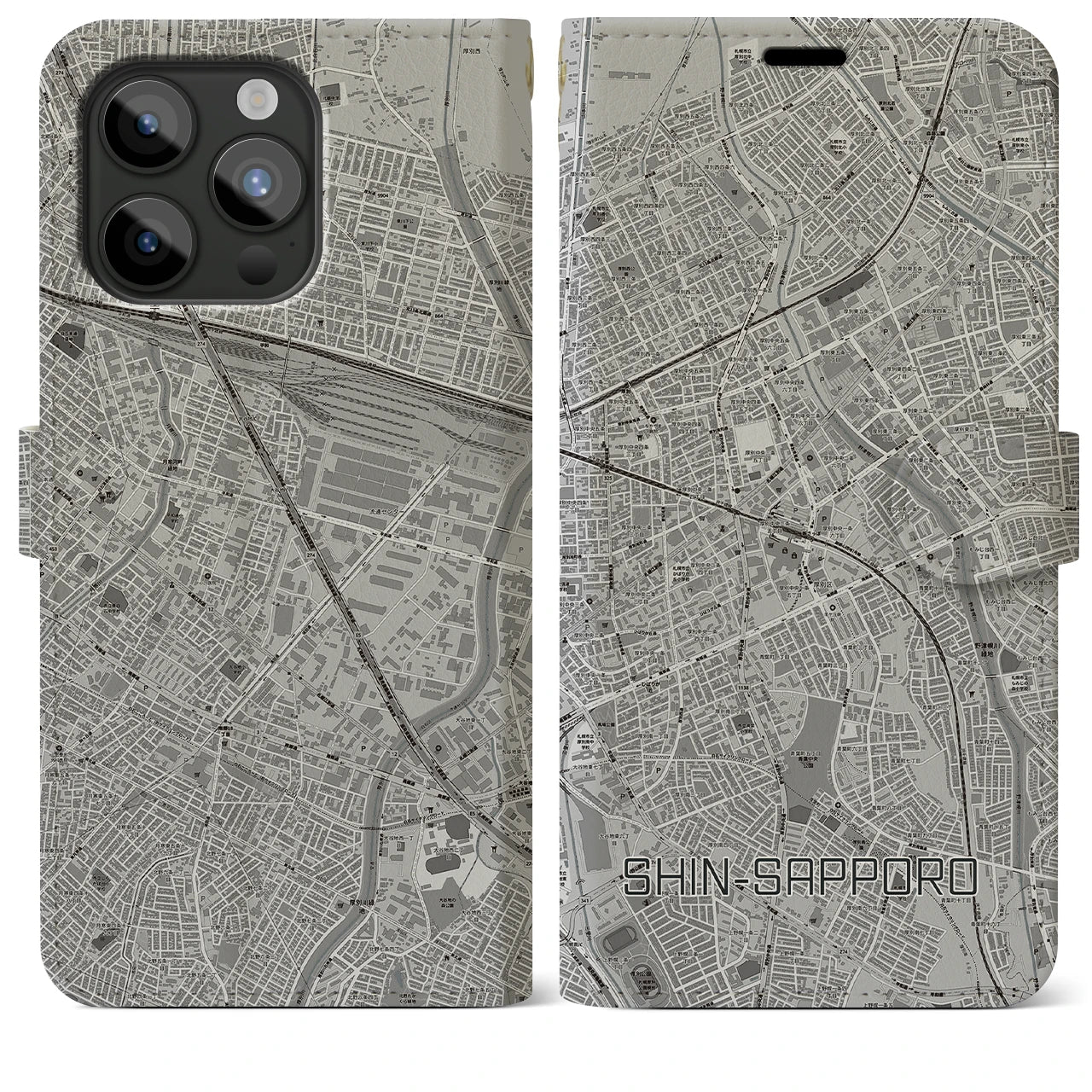 【新札幌(北海道)】地図柄iPhoneケース(手帳タイプ)モノトーン・iPhone 15 Pro Max 用
