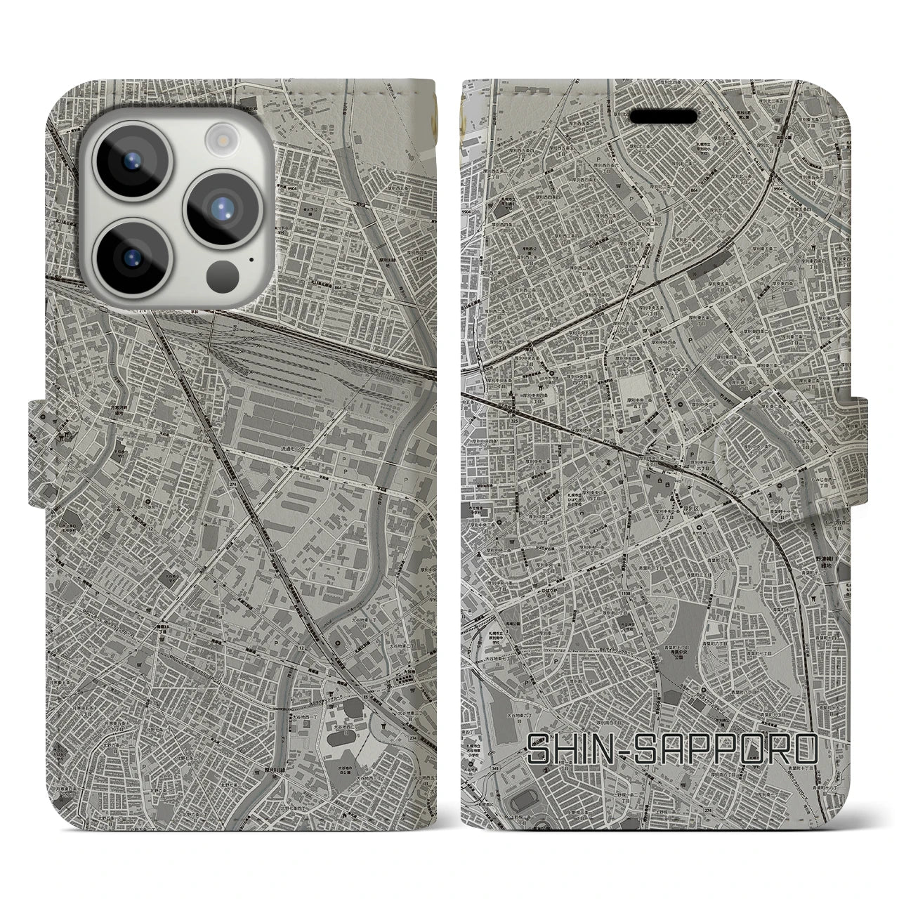 【新札幌(北海道)】地図柄iPhoneケース(手帳タイプ)モノトーン・iPhone 15 Pro 用