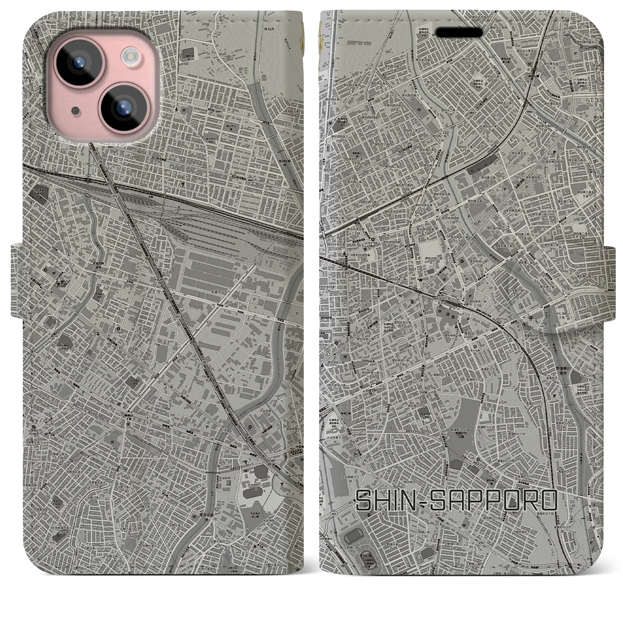 【新札幌(北海道)】地図柄iPhoneケース(手帳タイプ)モノトーン・iPhone 15 Plus 用