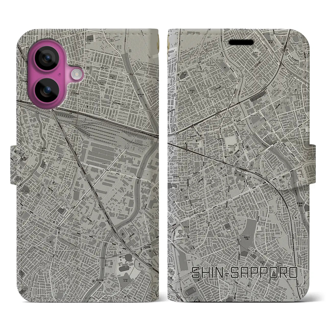 【新札幌(北海道)】地図柄iPhoneケース(手帳タイプ)モノトーン・iPhone 16 Pro 用