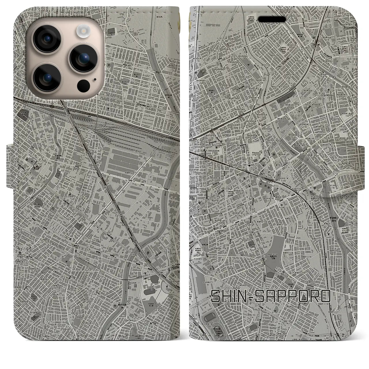 【新札幌(北海道)】地図柄iPhoneケース(手帳タイプ)モノトーン・iPhone 16 Plus 用