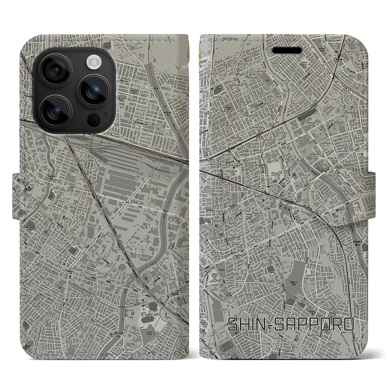 【新札幌(北海道)】地図柄iPhoneケース(手帳タイプ)モノトーン・iPhone 16 用