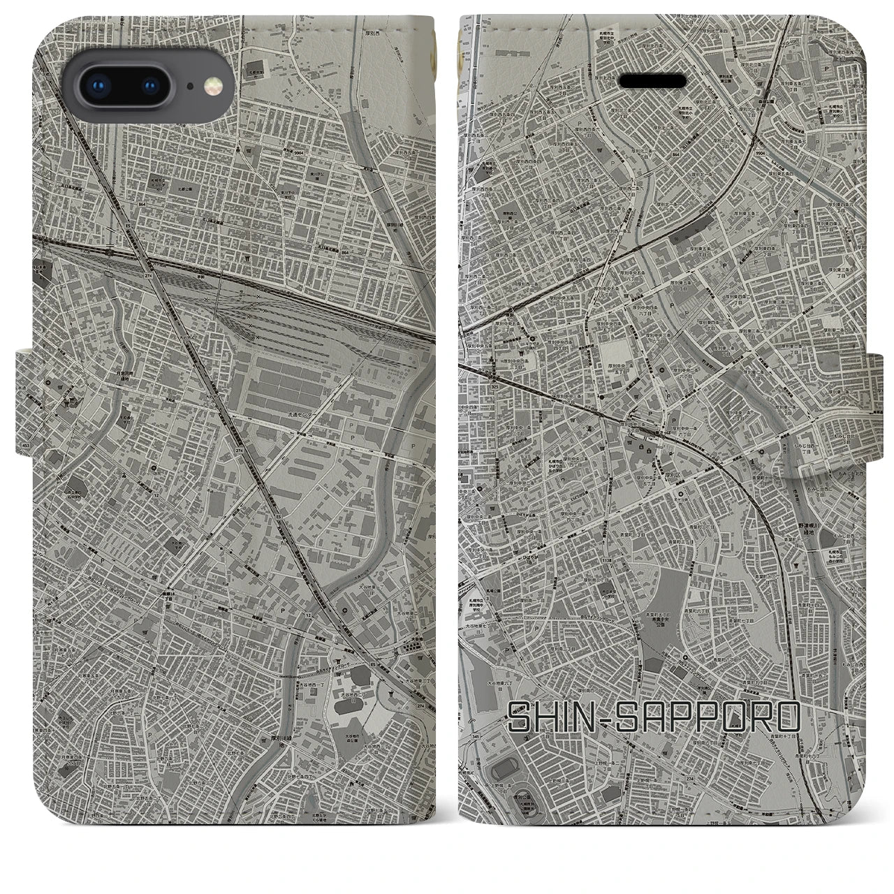 【新札幌(北海道)】地図柄iPhoneケース(手帳タイプ)モノトーン・iPhone 8Plus /7Plus / 6sPlus / 6Plus 用