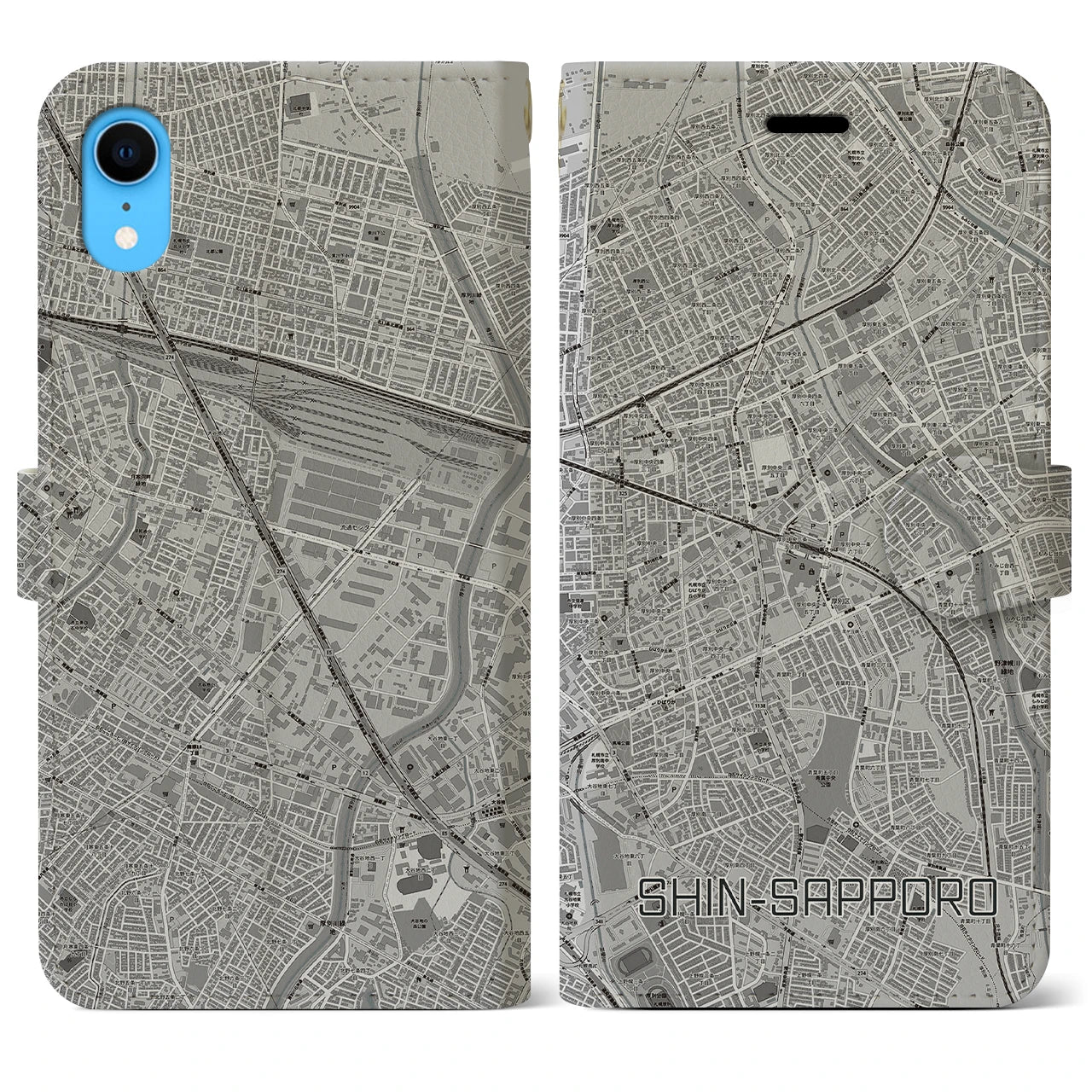 【新札幌(北海道)】地図柄iPhoneケース(手帳タイプ)モノトーン・iPhone XR 用