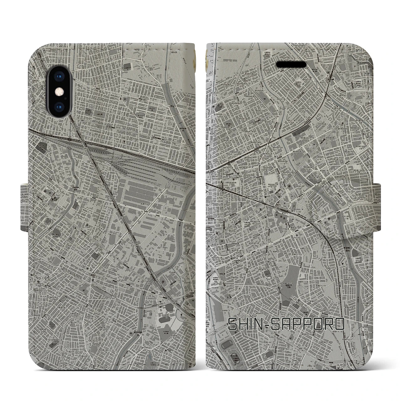 【新札幌(北海道)】地図柄iPhoneケース(手帳タイプ)モノトーン・iPhone XS / X 用