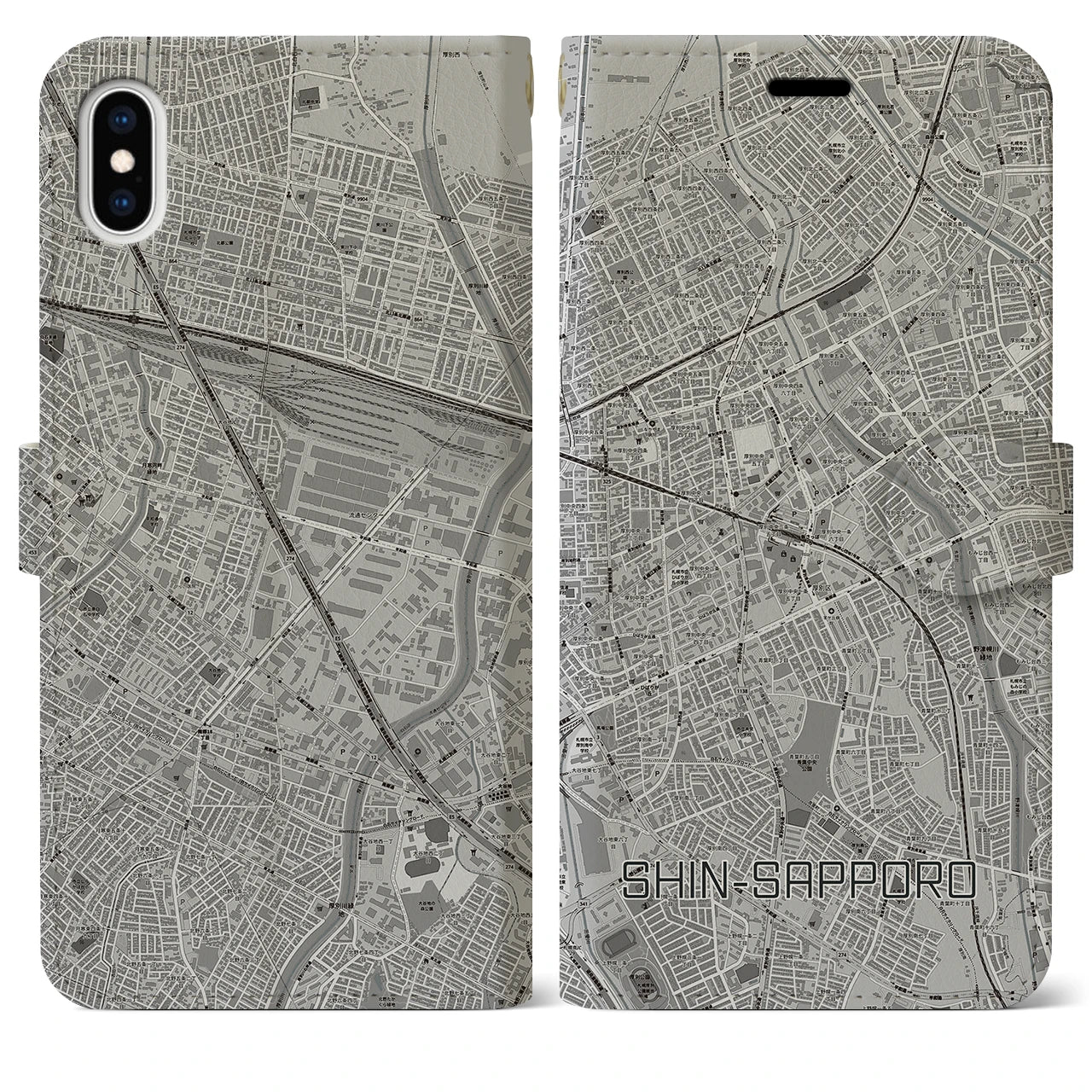 【新札幌(北海道)】地図柄iPhoneケース(手帳タイプ)モノトーン・iPhone XS Max 用