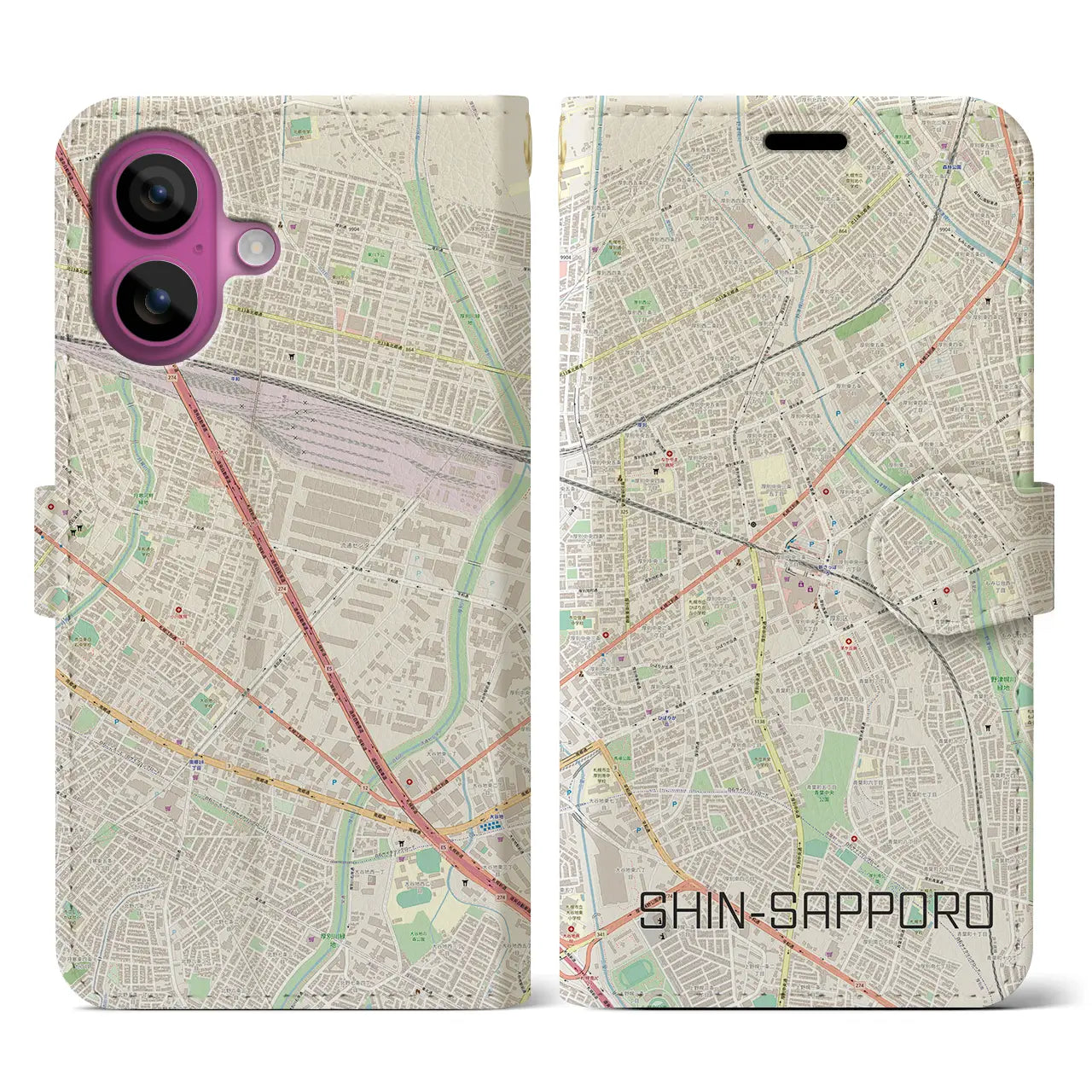 【新札幌(北海道)】地図柄iPhoneケース(手帳タイプ)ナチュラル・iPhone 16 Pro 用