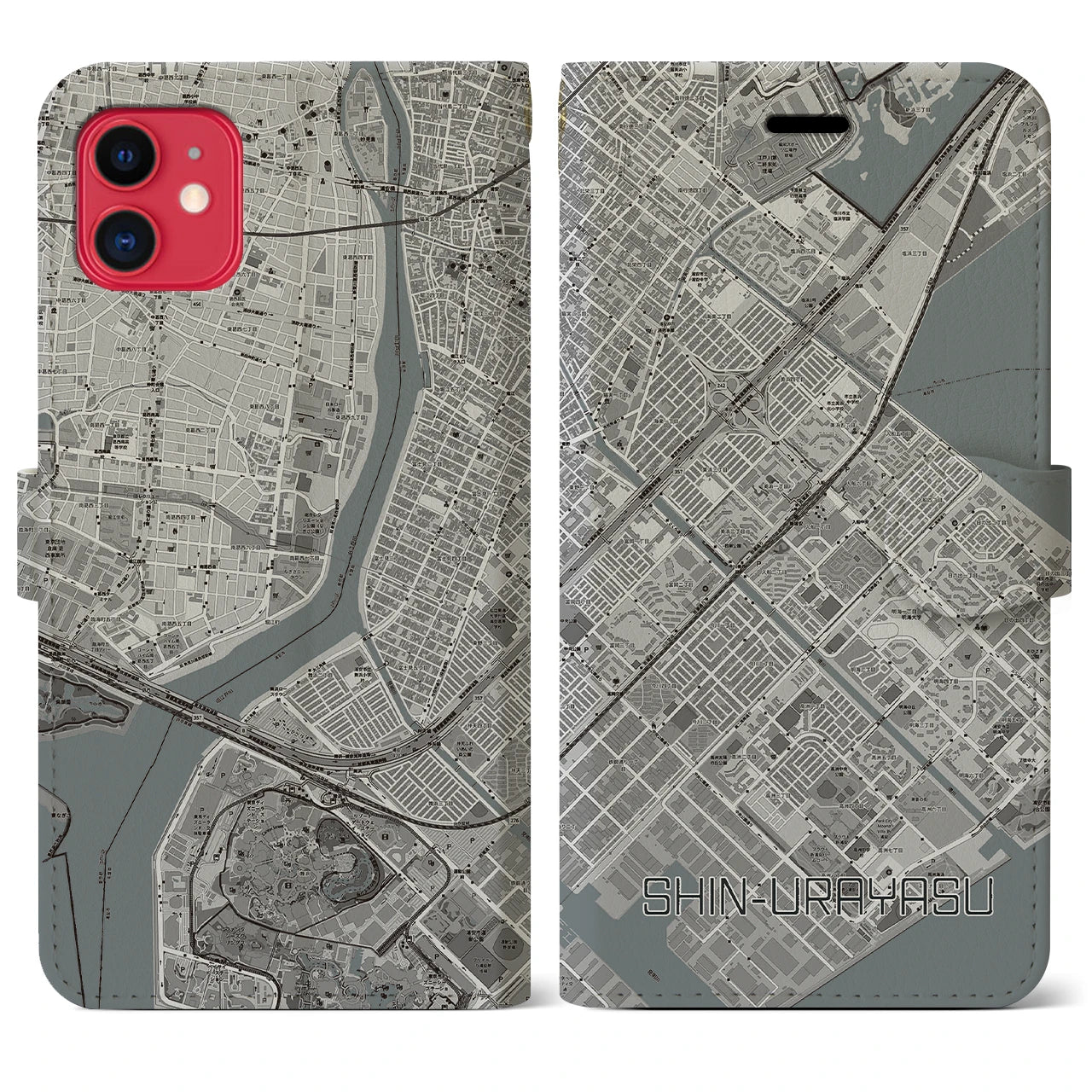 【新浦安(千葉県)】地図柄iPhoneケース(手帳タイプ)モノトーン・iPhone 11 用