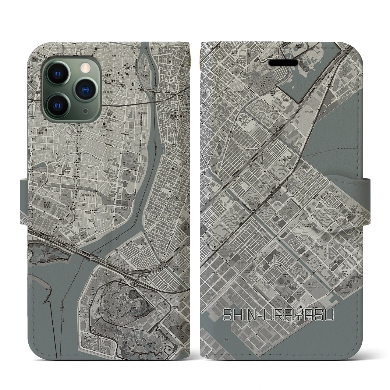 【新浦安(千葉県)】地図柄iPhoneケース(手帳タイプ)モノトーン・iPhone 11 Pro 用