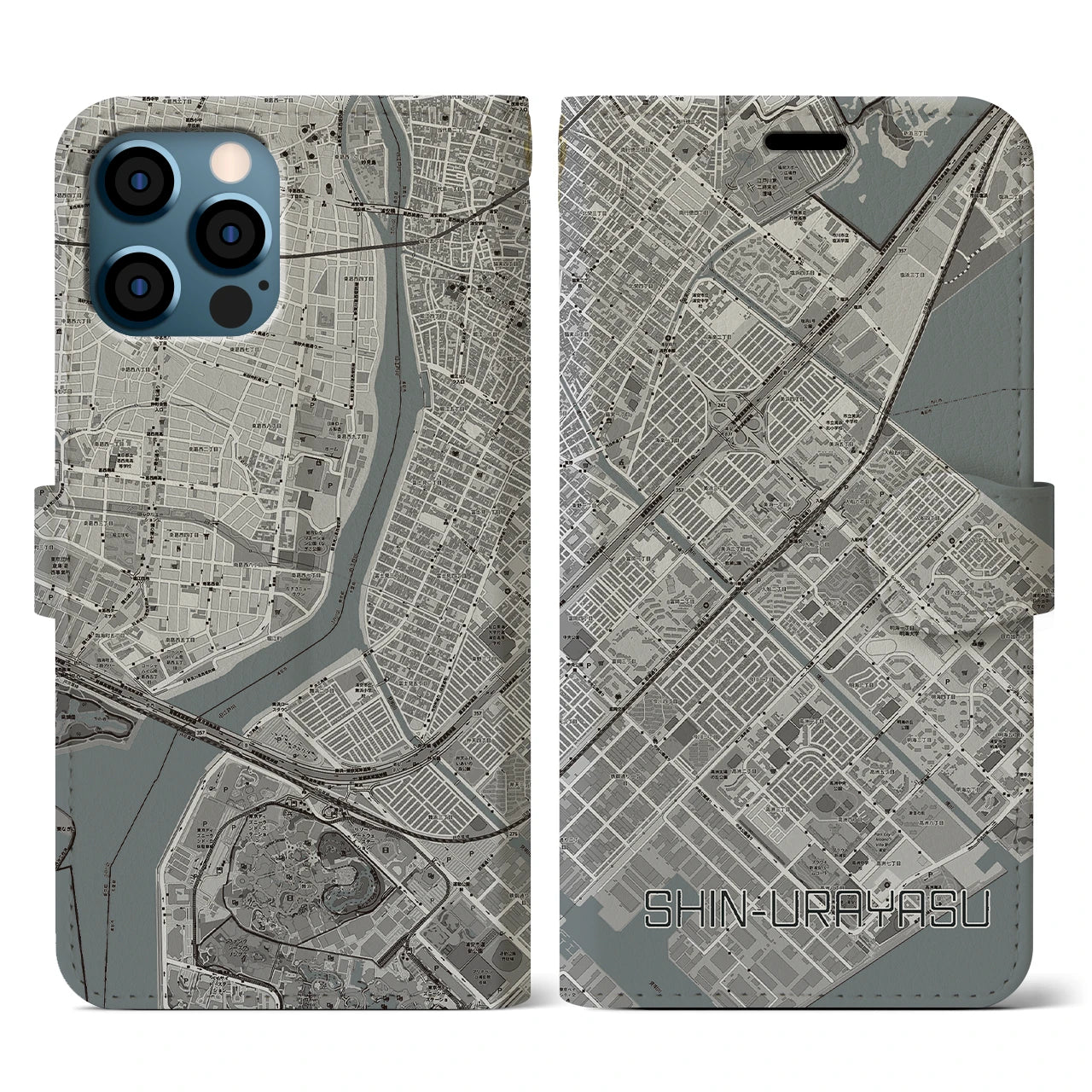 【新浦安(千葉県)】地図柄iPhoneケース(手帳タイプ)モノトーン・iPhone 12 / 12 Pro 用