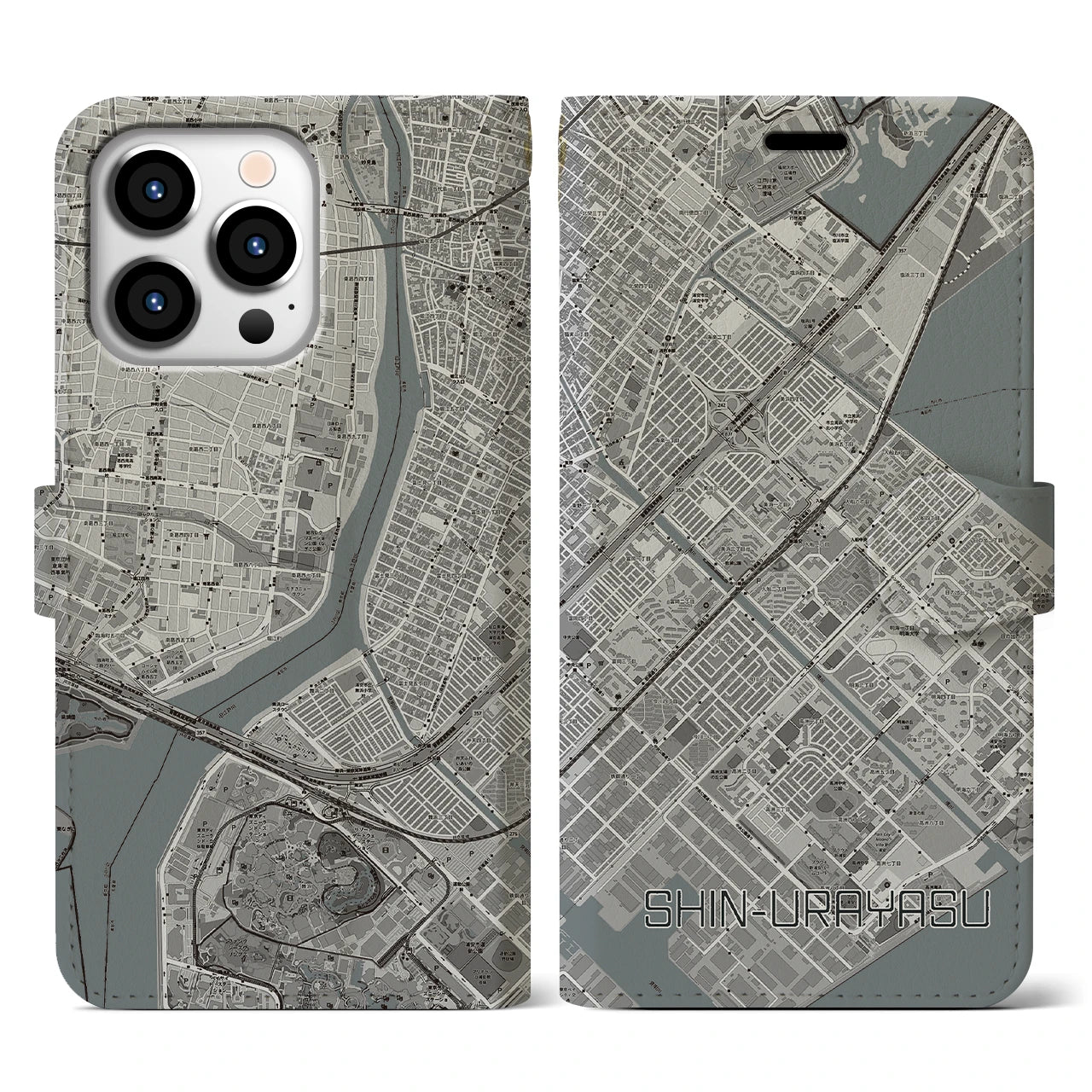 【新浦安(千葉県)】地図柄iPhoneケース(手帳タイプ)モノトーン・iPhone 13 Pro 用