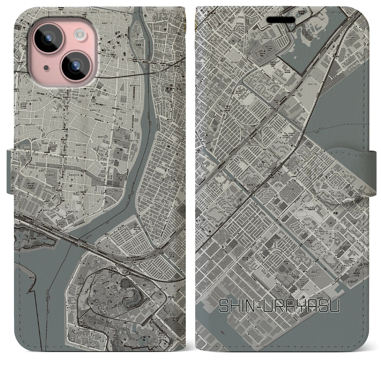 【新浦安(千葉県)】地図柄iPhoneケース(手帳タイプ)モノトーン・iPhone 15 Plus 用