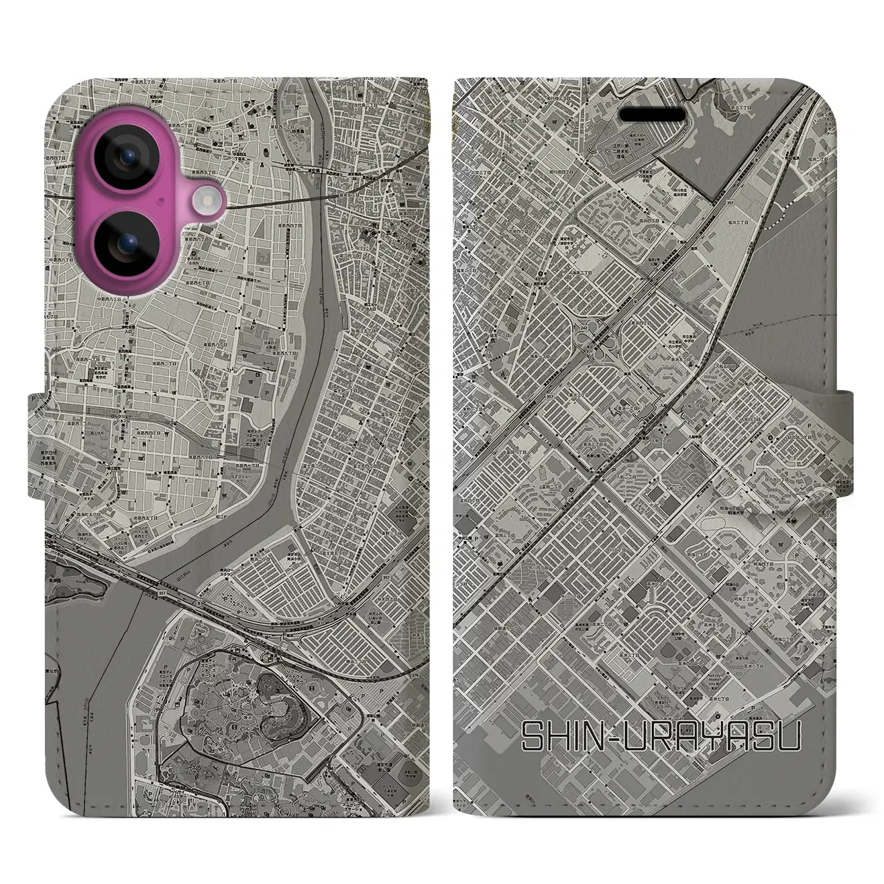【新浦安(千葉県)】地図柄iPhoneケース(手帳タイプ)モノトーン・iPhone 16 Pro 用