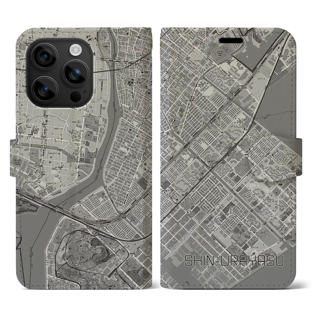 【新浦安(千葉県)】地図柄iPhoneケース(手帳タイプ)モノトーン・iPhone 16 用