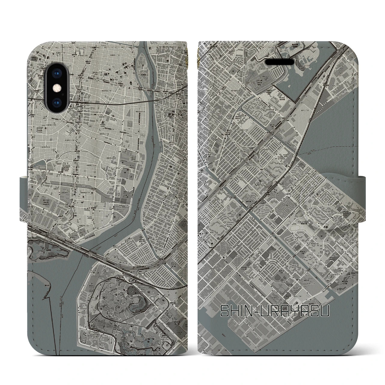 【新浦安(千葉県)】地図柄iPhoneケース(手帳タイプ)モノトーン・iPhone XS / X 用