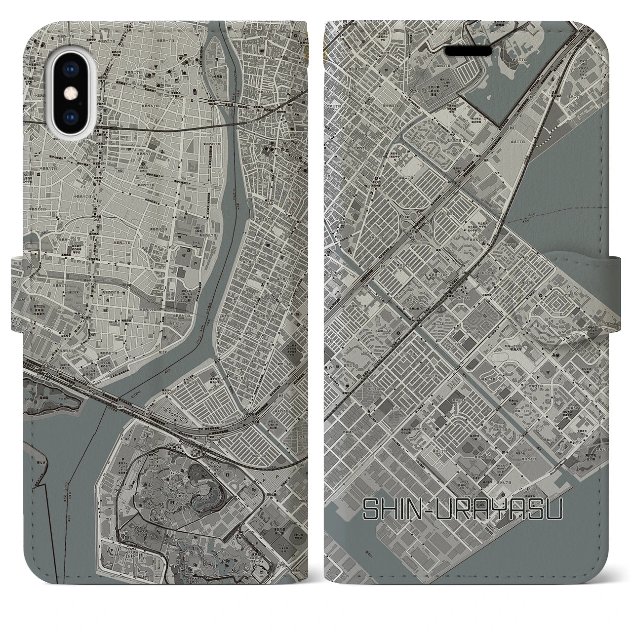 【新浦安(千葉県)】地図柄iPhoneケース(手帳タイプ)モノトーン・iPhone XS Max 用