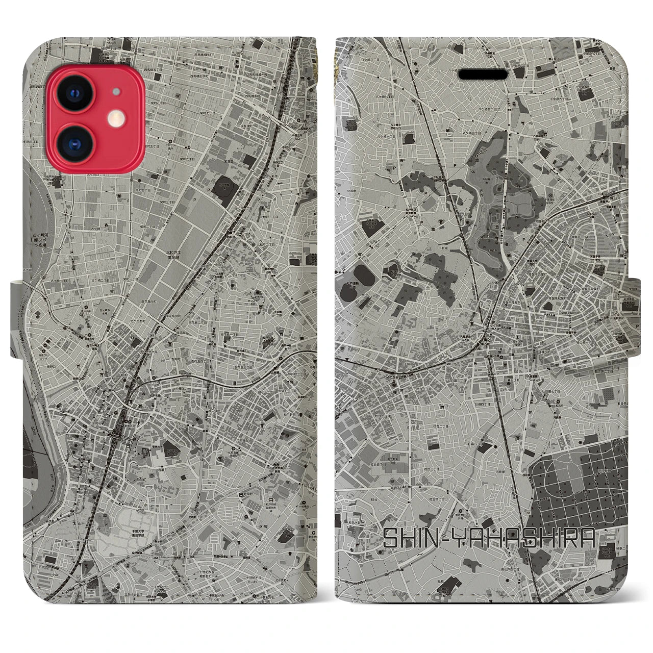 【新八柱(千葉県)】地図柄iPhoneケース(手帳タイプ)モノトーン・iPhone 11 用