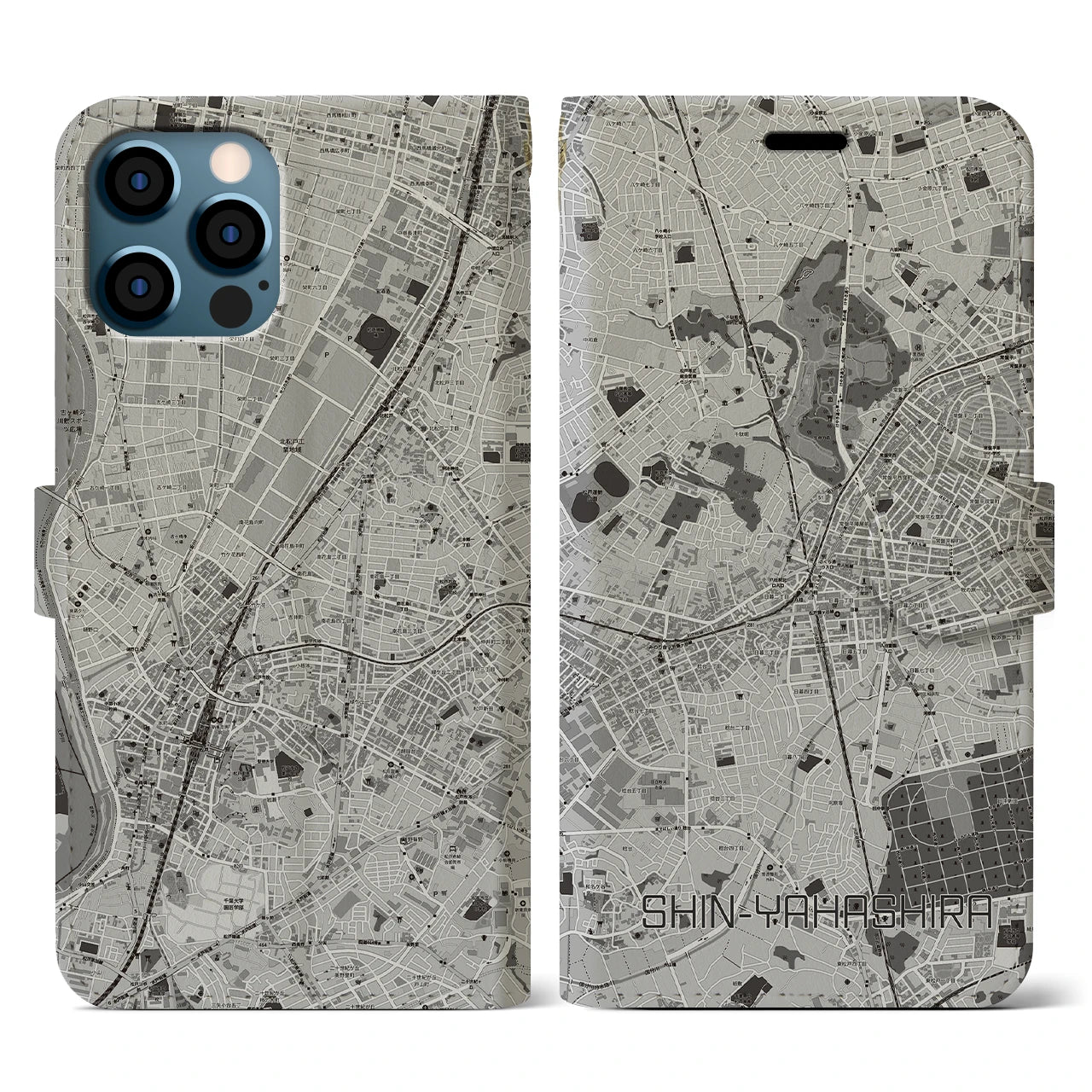 【新八柱(千葉県)】地図柄iPhoneケース(手帳タイプ)モノトーン・iPhone 12 / 12 Pro 用