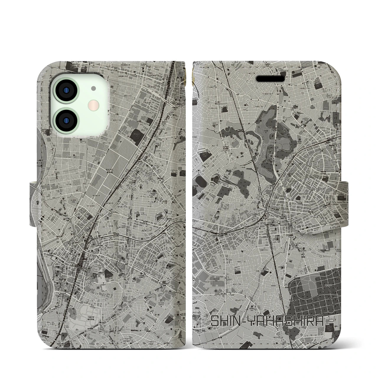 【新八柱(千葉県)】地図柄iPhoneケース(手帳タイプ)モノトーン・iPhone 12 mini 用