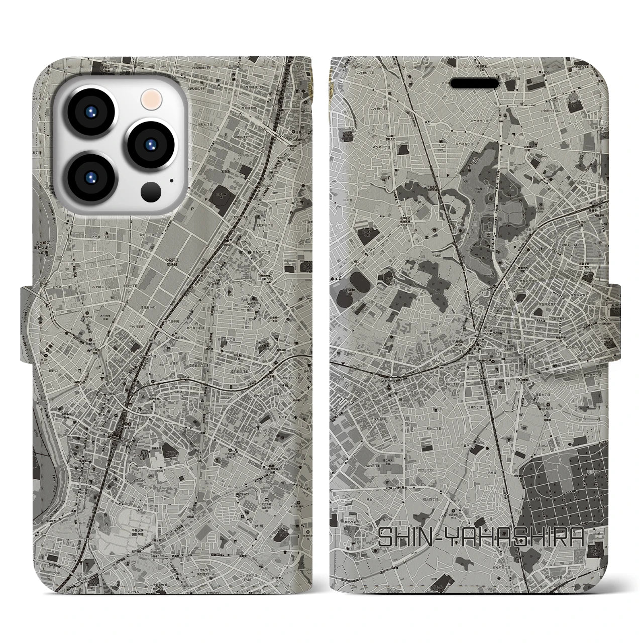 【新八柱(千葉県)】地図柄iPhoneケース(手帳タイプ)モノトーン・iPhone 13 Pro 用