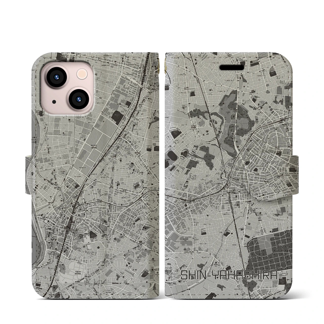 【新八柱(千葉県)】地図柄iPhoneケース(手帳タイプ)モノトーン・iPhone 13 mini 用