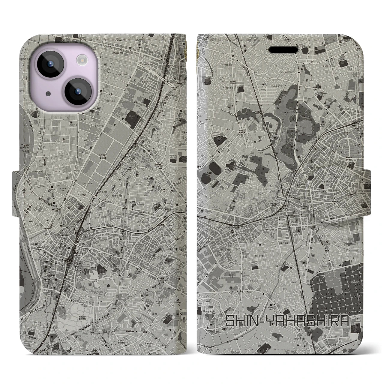 【新八柱(千葉県)】地図柄iPhoneケース(手帳タイプ)モノトーン・iPhone 14 用